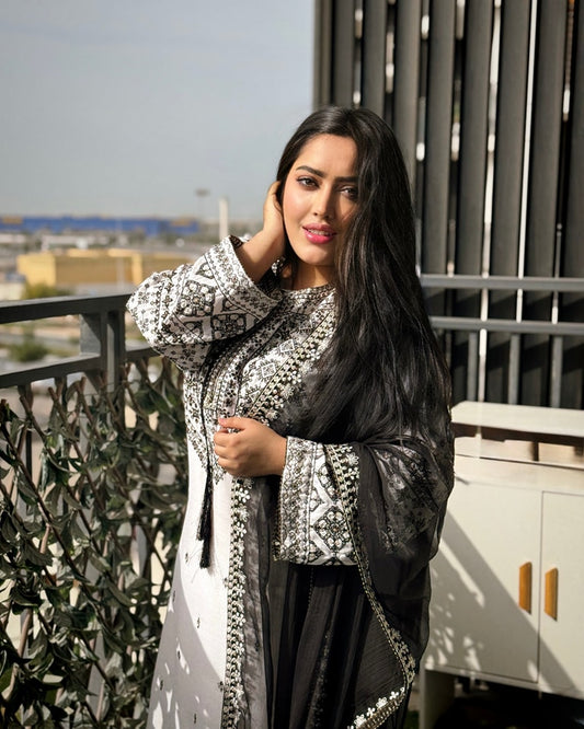 Classic White & Black - Hand Embroidered 3 Pcs Suit