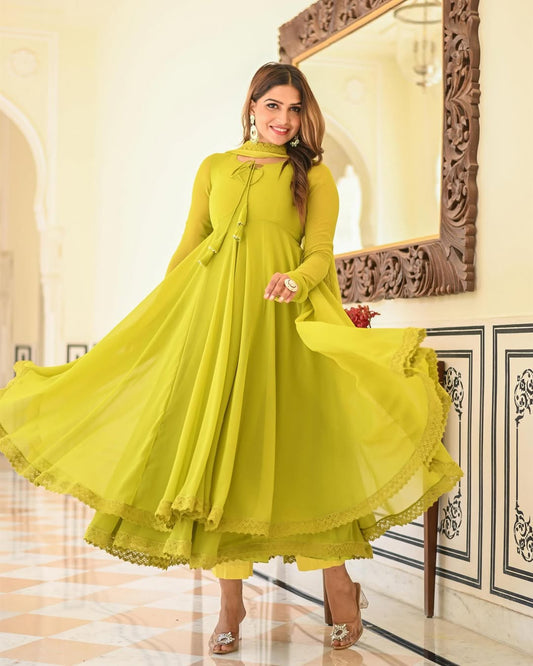 Stitched Two Layer Style Flair Party Wear Long Chiffon Frock 3-Piece